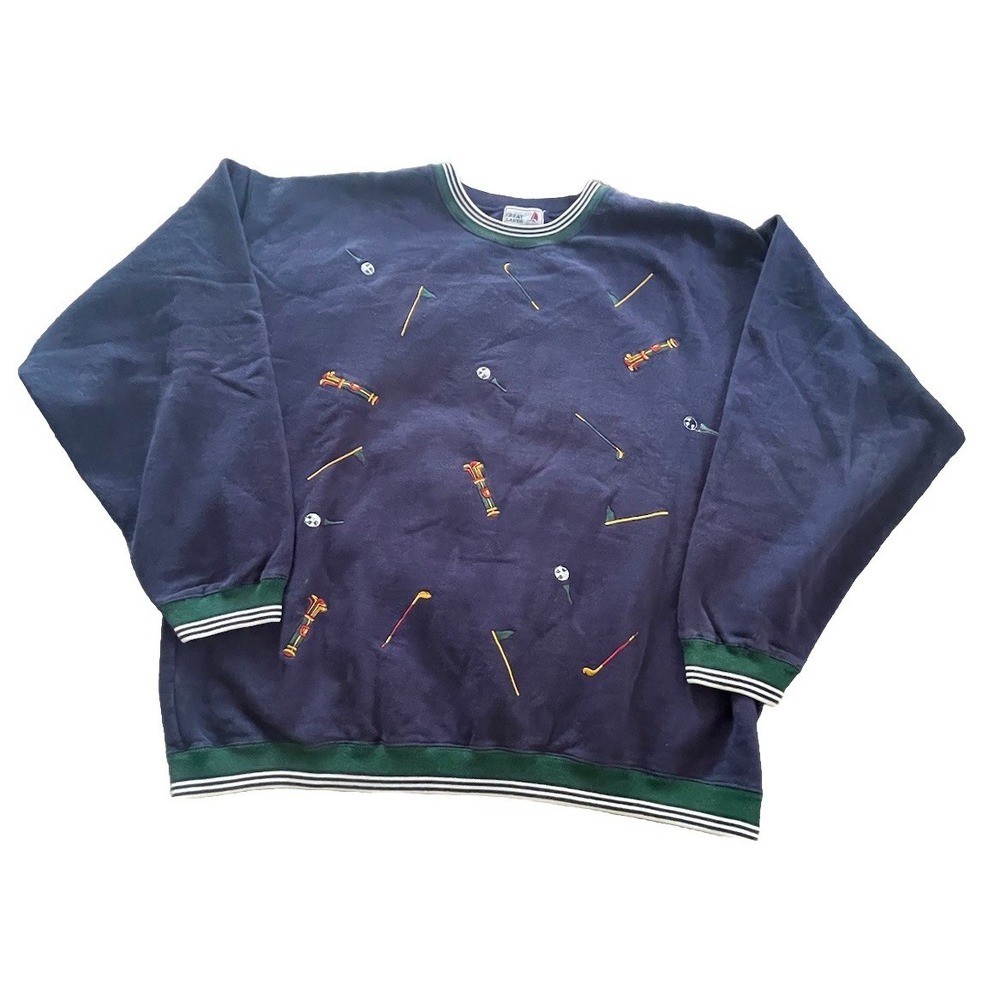 Vintage 90s Golf Sweatshirt (XL) Great Lakes All Over Front Embroidered Blue